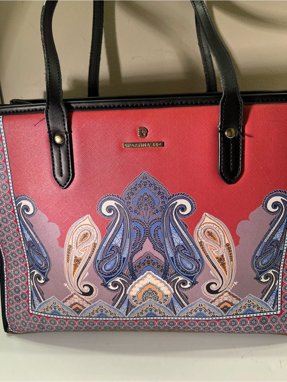 Spartina 449 Red Paisley-Print Tote, Zip Close, Footed, 13.5x10x5” Leather